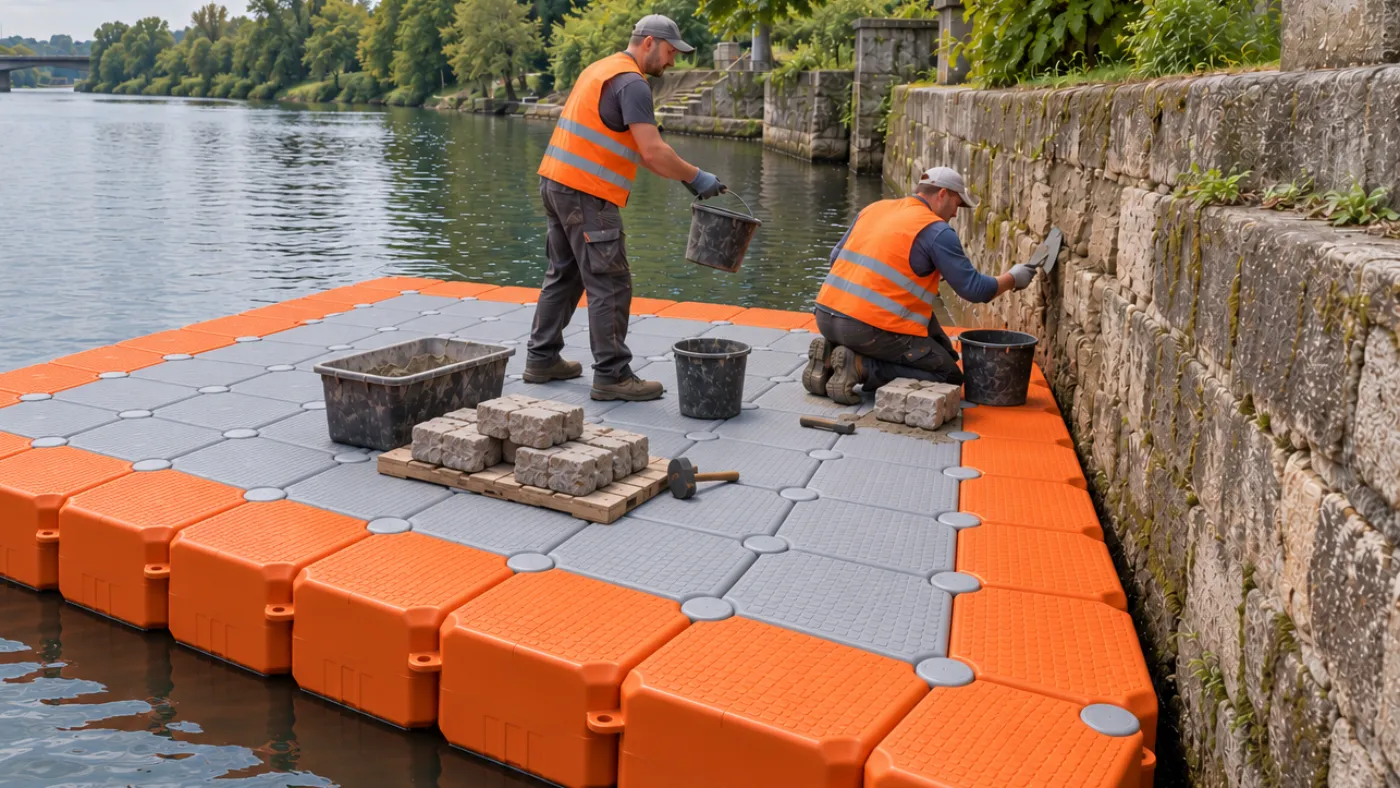 Piattaforma da lavoro di galleggianti grigi e arancioni sulla riva di un fiume, sopra due operai con attrezzi e materiale
