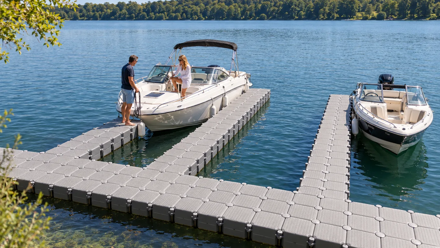 Pontile galleggiante di galleggianti grigi su un lago: un pontile principale lungo la riva con finger perpendicolari larghi due galleggianti, in mezzo due barche a motore con parabordi, un uomo tiene la cima di prua, una donna sale a bordo