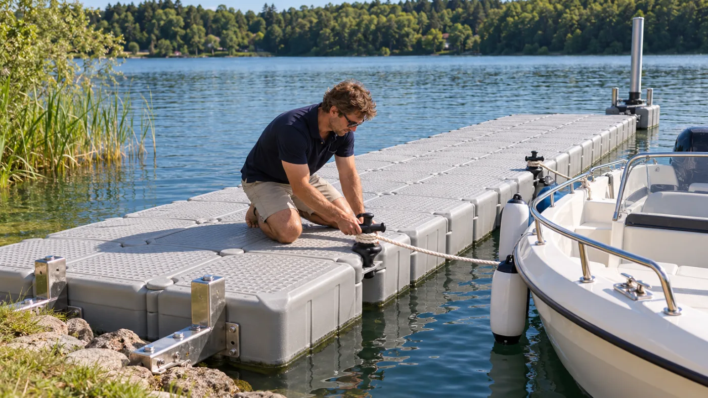 Pontile galleggiante di galleggianti grigi su un lago, fissato a riva con due staffe in acciaio inox, in fondo una guida-palo su un palo d'acciaio; una piccola barca a motore è ormeggiata a due bitte a croce