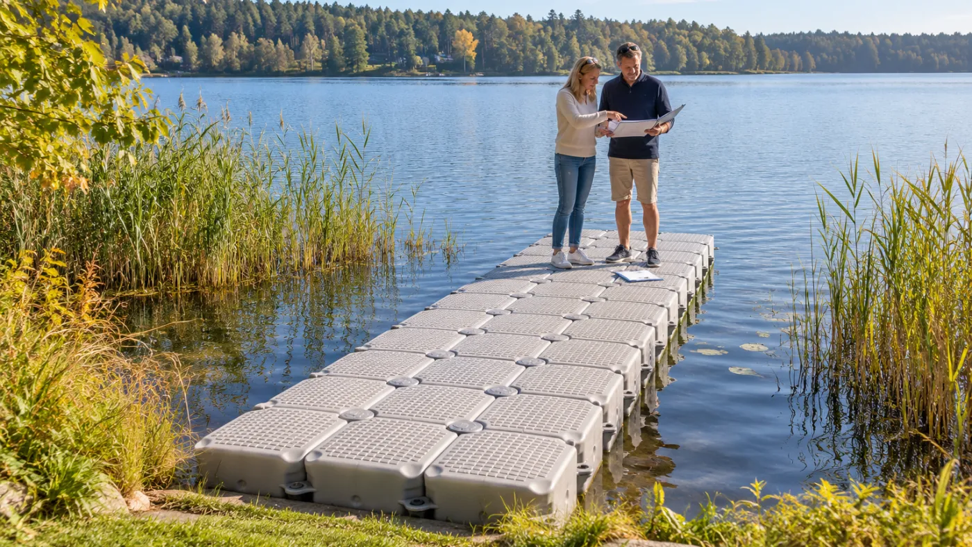 Pontile privato di galleggianti grigi su un lago, sopra una coppia che esamina una planimetria e i documenti per la domanda