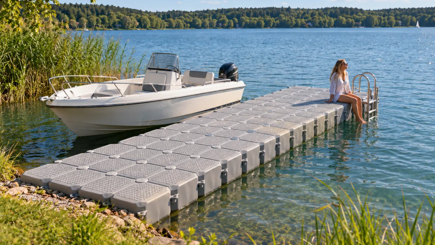 Pontile galleggiante di galleggianti grigi con scaletta da bagno su un lago, una piccola barca a motore ormeggiata di fianco, una donna seduta in fondo al pontile