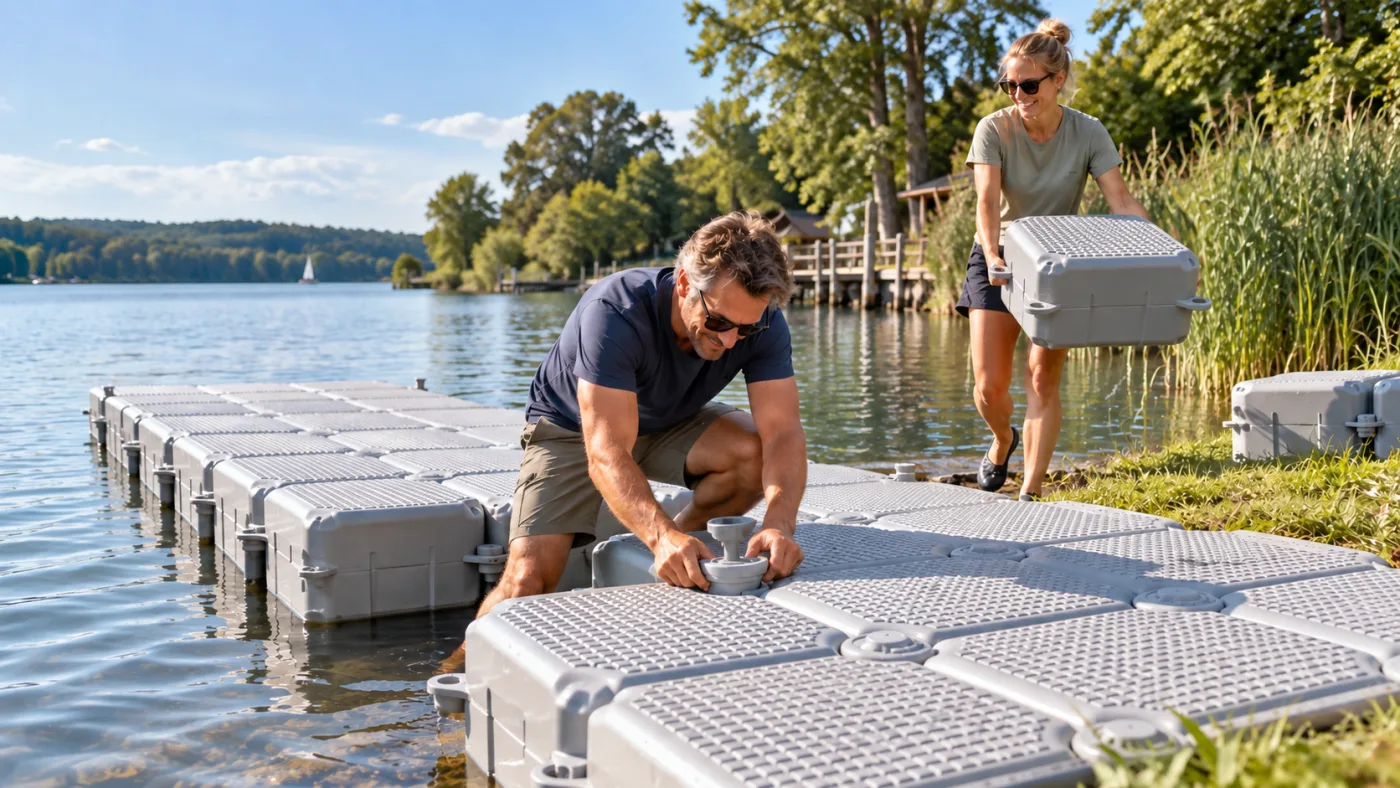 Due persone assemblano sulla riva di un lago un pontile galleggiante fatto di galleggianti grigi in HDPE