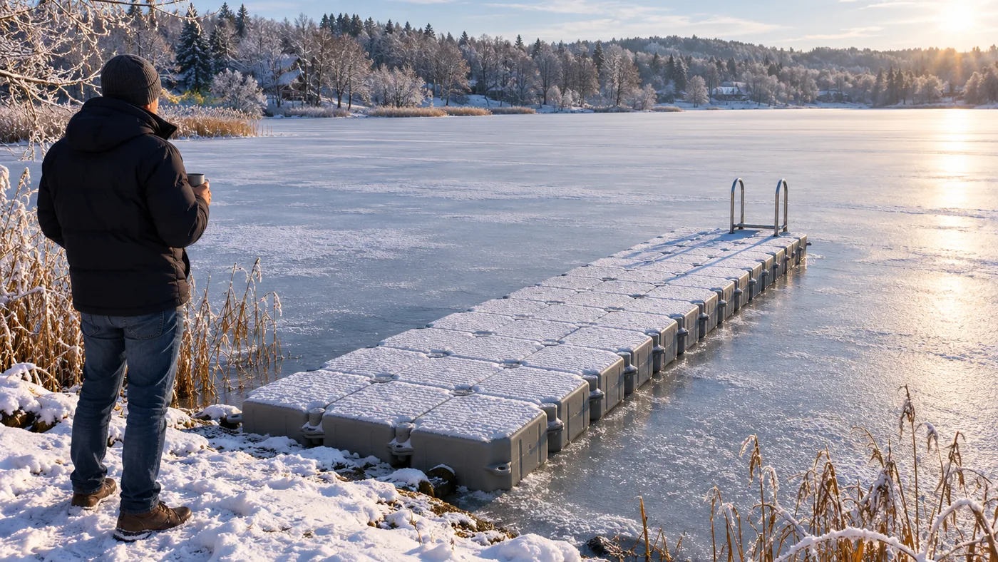 Pontile galleggiante di galleggianti grigi con scaletta da bagno in acciaio inox, preso nel ghiaccio fermo di un lago innevato; a riva un uomo in giacca invernale con una tazza in mano