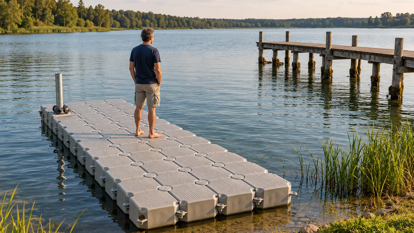 Pontile galleggiante di galleggianti grigi su un lago, tenuto da un palo con guida-palo, accanto un vecchio pontile in legno su pali