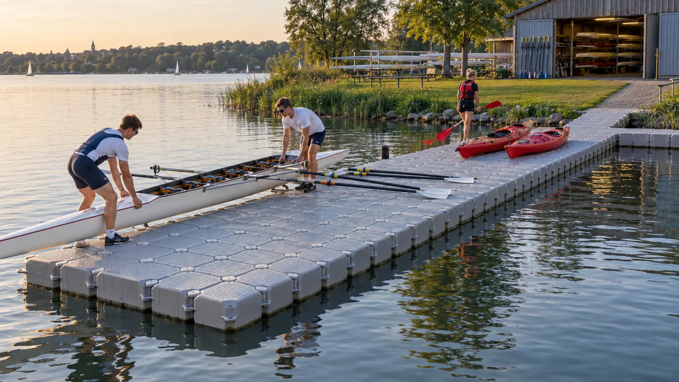 Langer schwimmender Steg aus grauen Schwimmkörpern am Ufer eines Sees, an dem Ruderer ein Ruderboot ins Wasser setzen, daneben liegen Kanus auf dem Steg